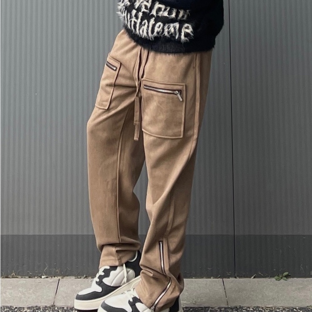 Loose oversized micro cargo pants with side zippers suede - Picture 1 of 4